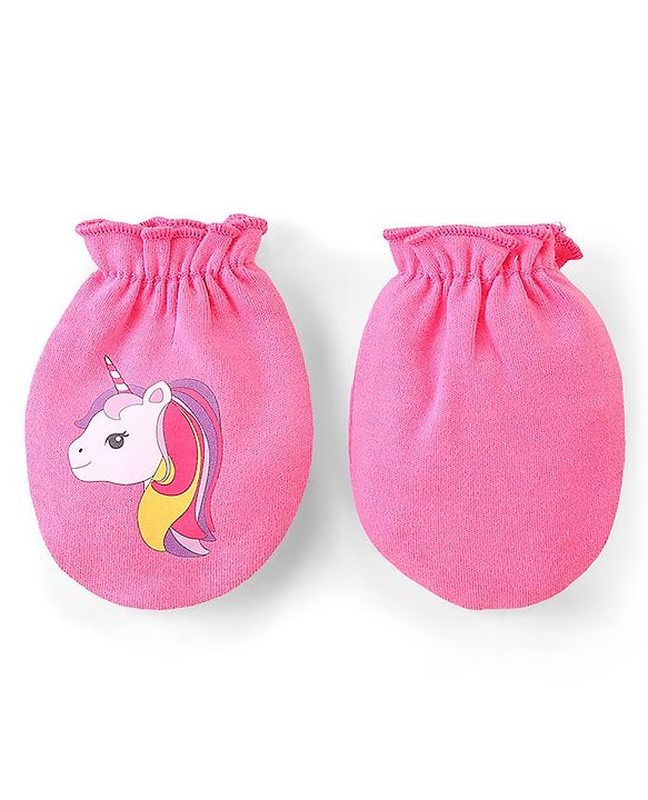 Babyhug 100% Cotton Knit Stars & Unicorn Printed Mittens Pack of 3 - Purple Pink & Yellow
