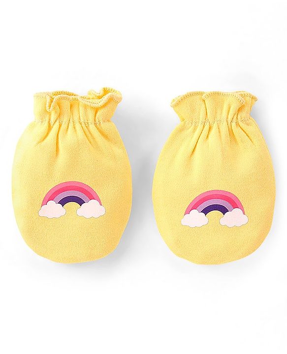 Babyhug 100% Cotton Knit Stars & Unicorn Printed Mittens Pack of 3 - Purple Pink & Yellow