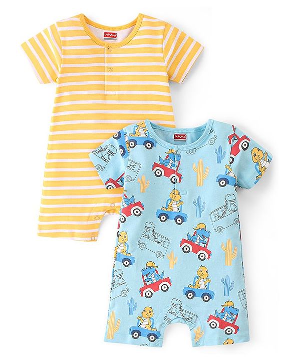 Babyhug 100% Cotton Knit Half Sleeves Striped  Romper Pack of 2- Multicolor