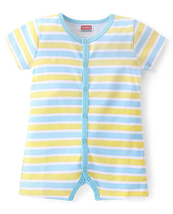Babyhug 100% Cotton Knit Frill Sleeves Striped & Bear Printed Rompers Pack of 2 - Yellow & Blue