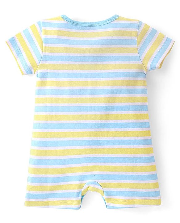 Babyhug 100% Cotton Knit Frill Sleeves Striped & Bear Printed Rompers Pack of 2 - Yellow & Blue
