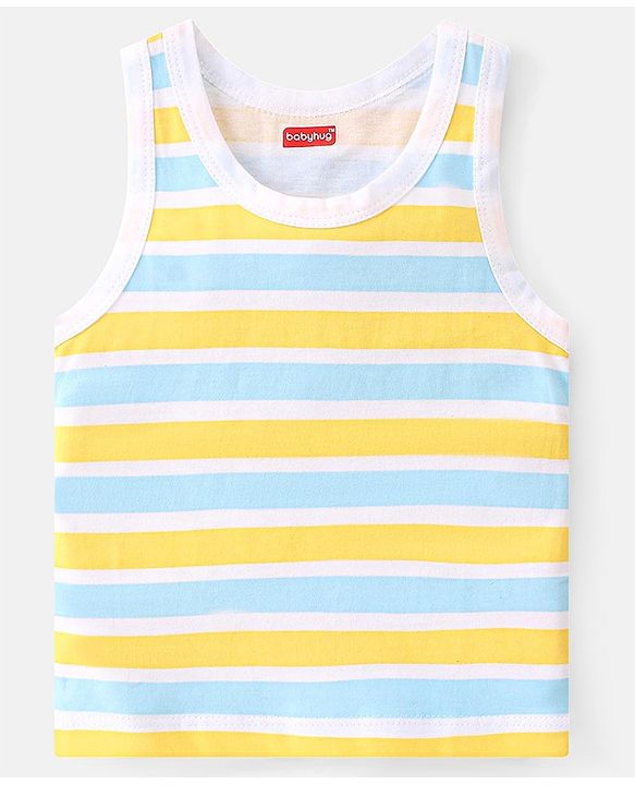 Babyhug 100 % Cotton Knit Sleeveless Sando with Striped & Teddy  Print Pack Of 3 - Yellow & Blue