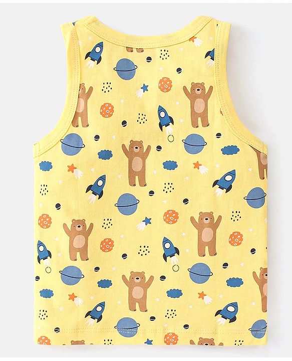 Babyhug 100 % Cotton Knit Sleeveless Sando with Striped & Teddy  Print Pack Of 3 - Yellow & Blue
