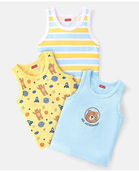 Babyhug 100 % Cotton Knit Sleeveless Sando with Striped & Teddy  Print Pack Of 3 - Yellow & Blue