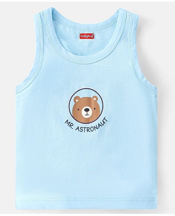Babyhug 100 % Cotton Knit Sleeveless Sando with Striped & Teddy  Print Pack Of 3 - Yellow & Blue