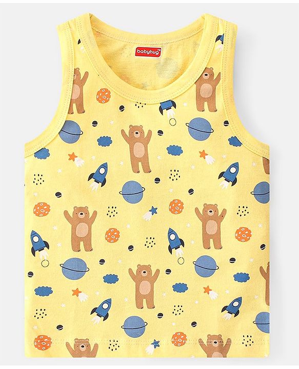 Babyhug 100 % Cotton Knit Sleeveless Sando with Striped & Teddy  Print Pack Of 3 - Yellow & Blue