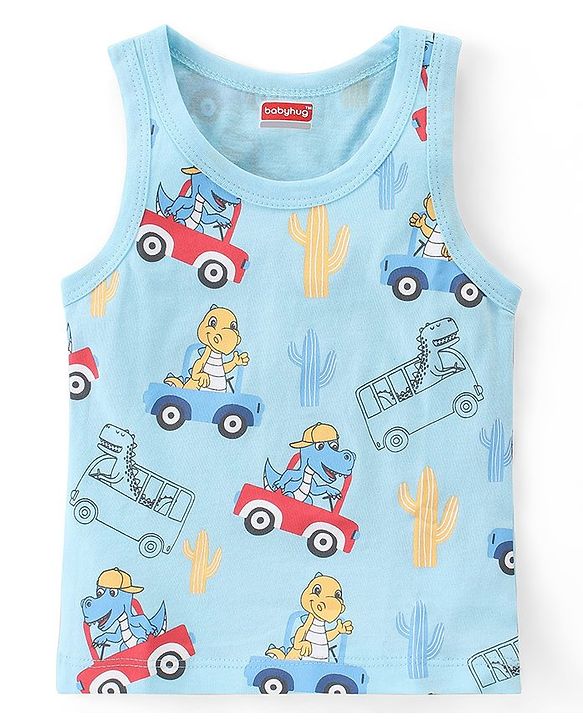 Babyhug 100% Cotton Sleeveless Sando with Striped & Dino Print Pack of 3 - Red Yellow & Blue