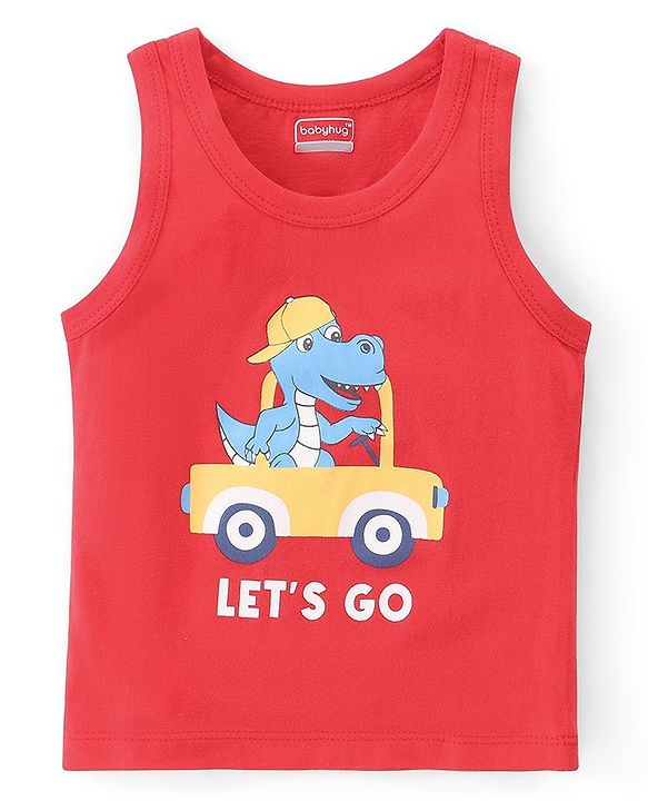 Babyhug 100% Cotton Sleeveless Sando with Striped & Dino Print Pack of 3 - Red Yellow & Blue