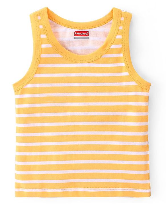 Babyhug 100% Cotton Sleeveless Sando with Striped & Dino Print Pack of 3 - Red Yellow & Blue