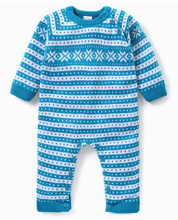 Babyhug Knitted Full Raglan Sleeves Striped & Floral Design Winter Wear Romper - Blue
