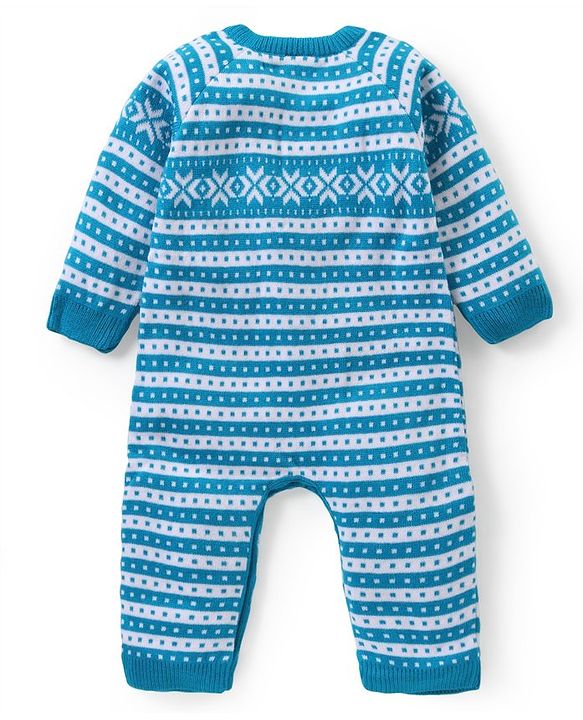 Babyhug Knitted Full Raglan Sleeves Striped & Floral Design Winter Wear Romper - Blue