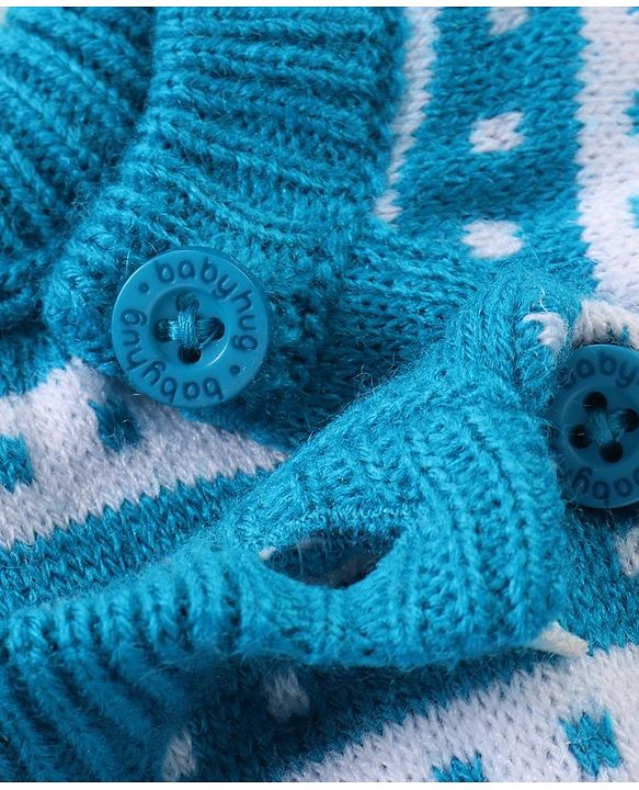 Babyhug Knitted Full Raglan Sleeves Striped & Floral Design Winter Wear Romper - Blue