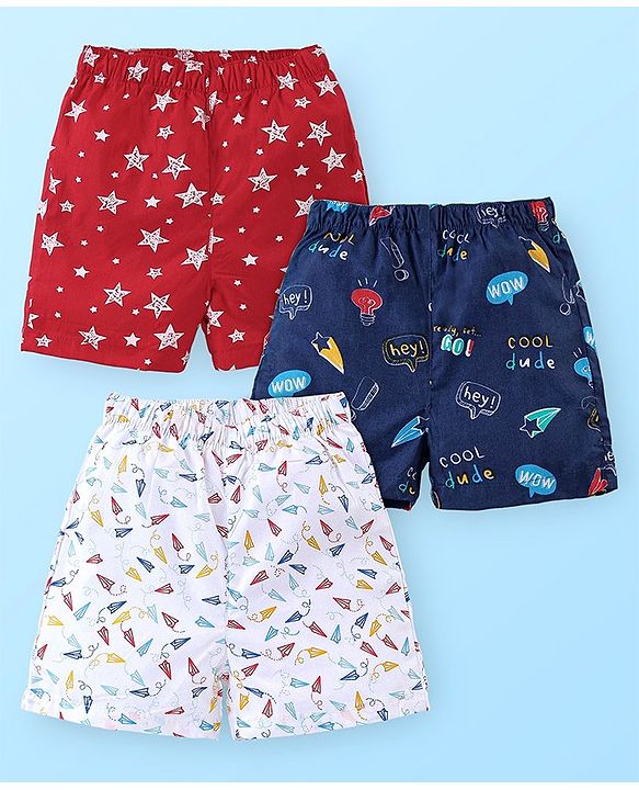 Babyhug Cotton Woven Boxer With Stars & Paper Airplane Print Pack Of 3 - Red Navy Blue & White