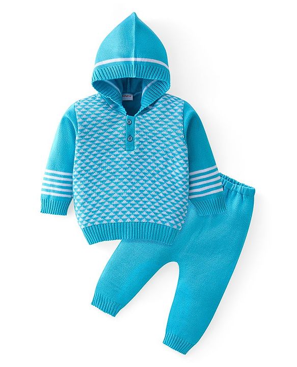 Babyhug Knit Full Sleeves All Over Design Hooded Sweater & Pant Set - Aqua Blue