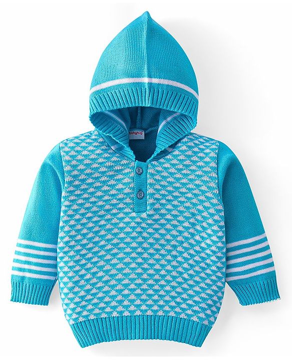 Babyhug Knit Full Sleeves All Over Design Hooded Sweater & Pant Set - Aqua Blue