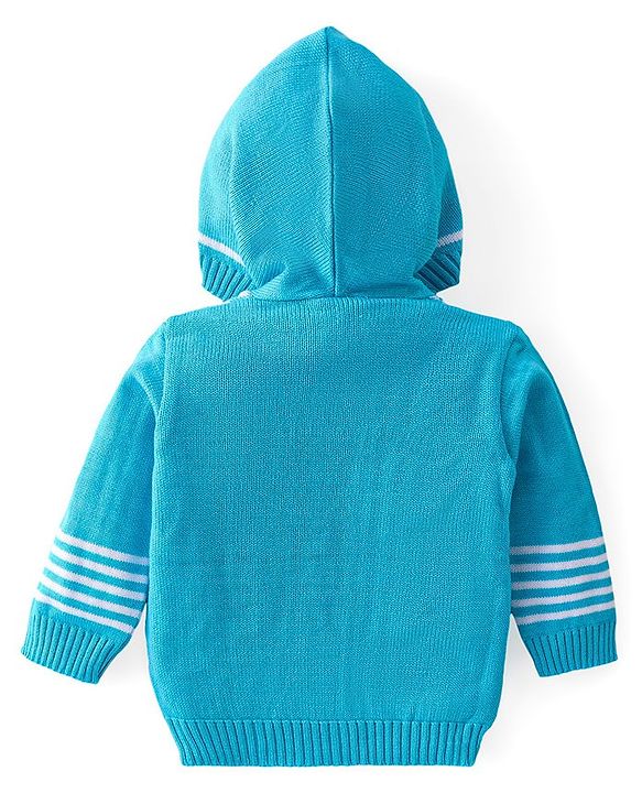 Babyhug Knit Full Sleeves All Over Design Hooded Sweater & Pant Set - Aqua Blue