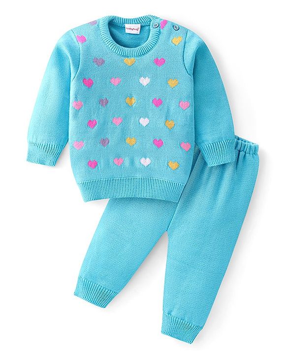 Babyhug Knitted Full Sleeves Sweater Set Heart Design - Aqua Blue