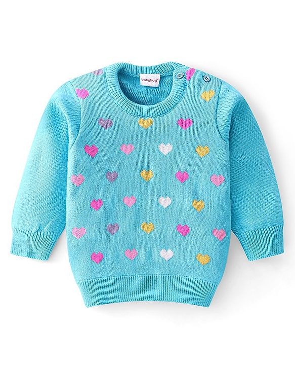 Babyhug Knitted Full Sleeves Sweater Set Heart Design - Aqua Blue