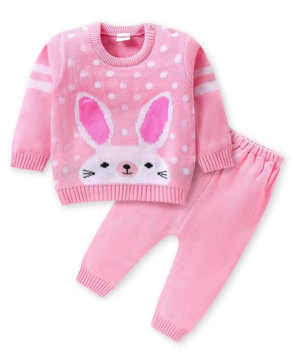 Babyhug Knitted Full Sleeves Sweater Set Bunny Design - Dark Pink
