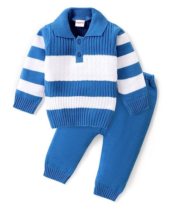 Babyhug Knitted Full Sleeves Striped Sweater Set - Blue
