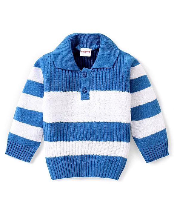 Babyhug Knitted Full Sleeves Striped Sweater Set - Blue