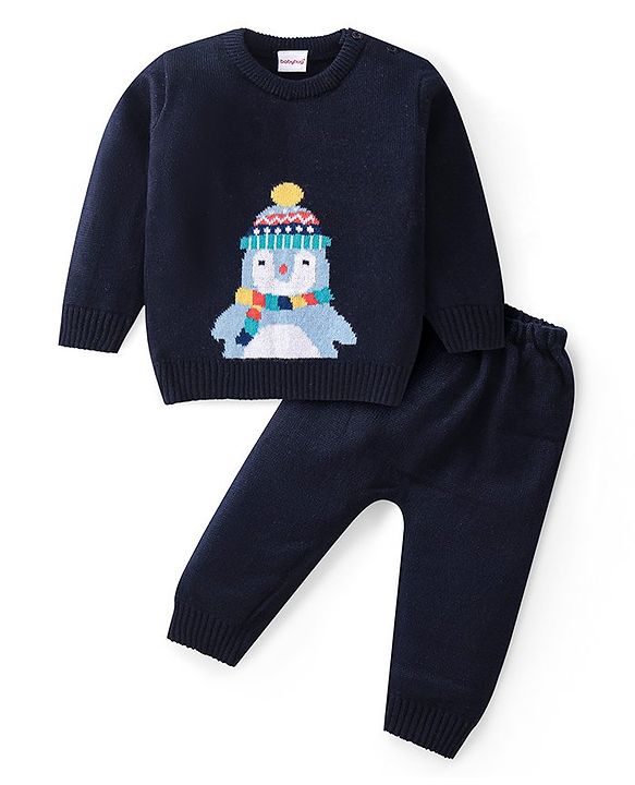 Babyhug Knitted Full Sleeves Sweater Set Penguin Design - Red & Navy Blue