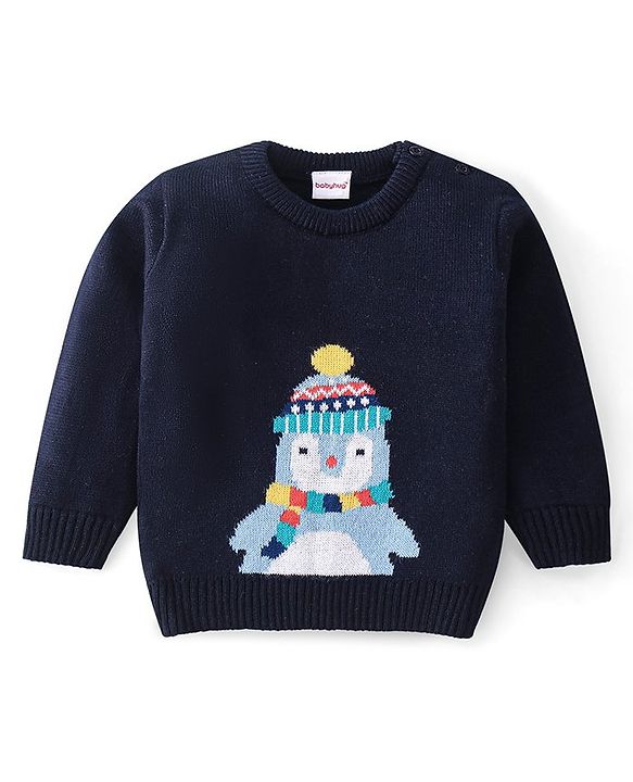Babyhug Knitted Full Sleeves Sweater Set Penguin Design - Red & Navy Blue