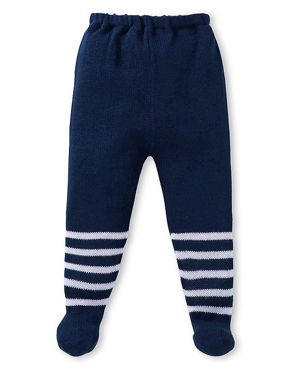 Babyhug Knit Striped Footed Fleece & Woollen Bottom - Navy Blue