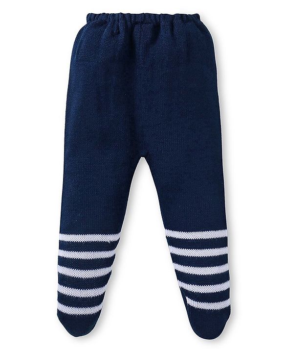 Babyhug Knit Striped Footed Fleece & Woollen Bottom - Navy Blue