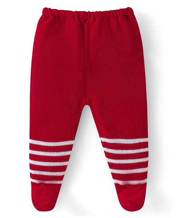 Babyhug Sweater Knit Footed Fleece & Woollen Striped Pant - Red
