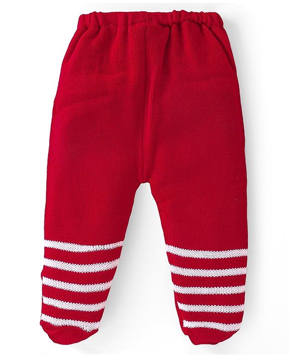 Babyhug Sweater Knit Footed Fleece & Woollen Striped Pant - Red