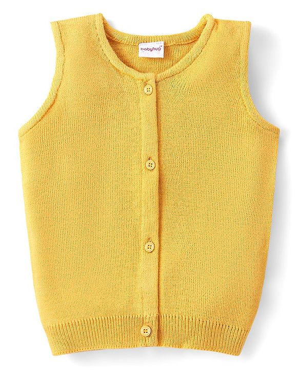 Babyhug Knitted Sleeveless Solid Color Front Open Sweater - Yellow