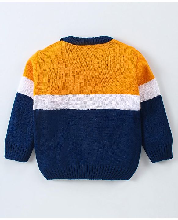 Babyhug  Knitted Full Sleeves Pullover Sweater with Alphabet Embroidery  - Blue Yellow & White