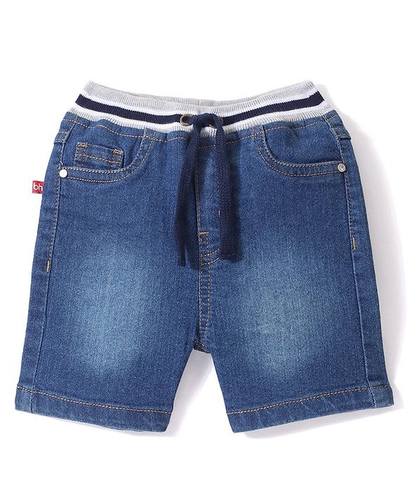 Babyhug Above Knee Length Denim Washed Bermuda  with Stretch Solid  Colour - Medium Blue