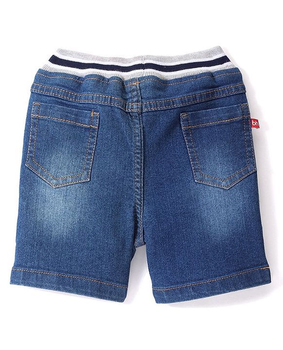 Babyhug Above Knee Length Denim Washed Bermuda  with Stretch Solid  Colour - Medium Blue