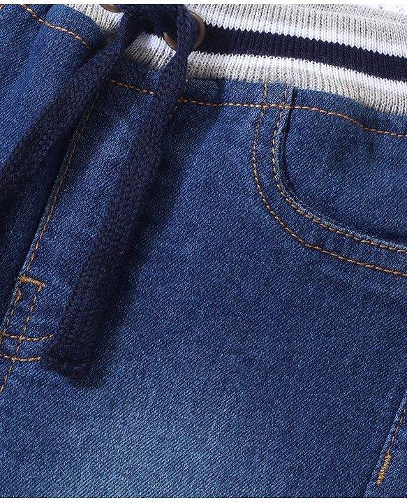 Babyhug Above Knee Length Denim Washed Bermuda  with Stretch Solid  Colour - Medium Blue