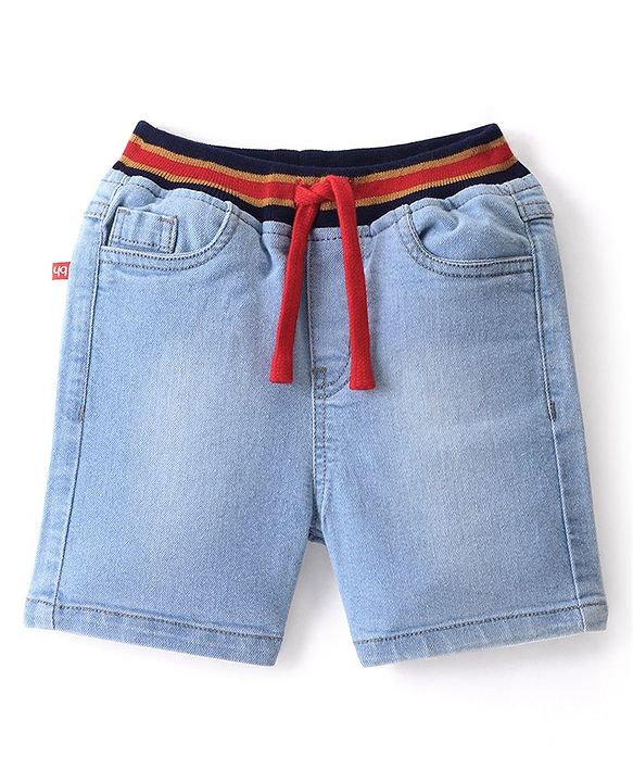 Babyhug Above Knee Length Denim Washed Bermuda  with Stretch Solid  Colour - Medium Blue