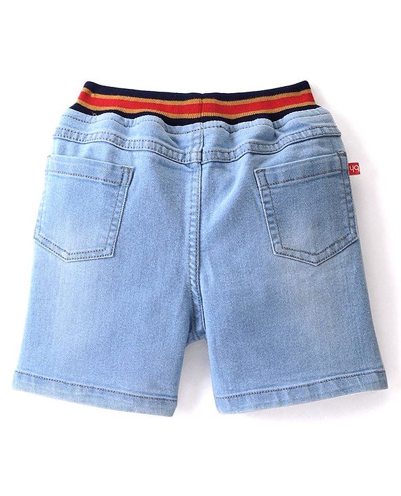 Babyhug Above Knee Length Denim Washed Bermuda  with Stretch Solid  Colour - Medium Blue