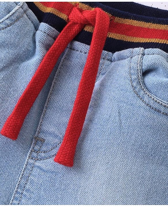 Babyhug Above Knee Length Denim Washed Bermuda  with Stretch Solid  Colour - Medium Blue