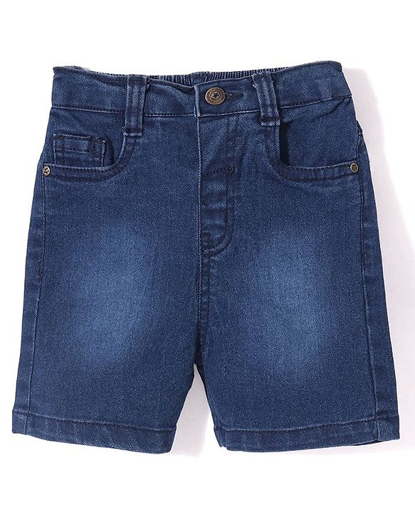 Babyhug Above Knee Length Denim Washed Bermuda with Stretch Solid Colour - Dark Blue