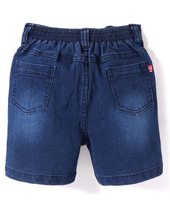 Babyhug Above Knee Length Denim Washed Bermuda with Stretch Solid Colour - Dark Blue