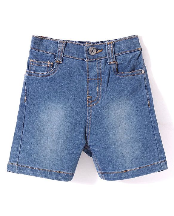Babyhug Above Knee Length Denim Washed Bermuda with Stretch Solid Colour - Dark Blue