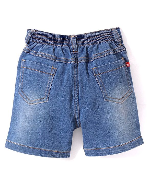 Babyhug Above Knee Length Denim Washed Bermuda with Stretch Solid Colour - Dark Blue