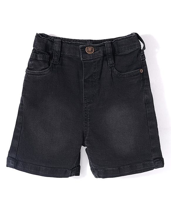 Babyhug Above Knee Length Denim Washed Bermuda with Stretch Solid Colour - Dark Blue