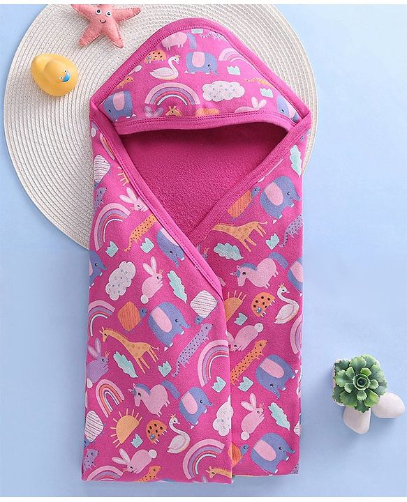 Babyhug Woven Terry Towel With Hood Animal Print L 76.2 x B 76.2 cm - Pink