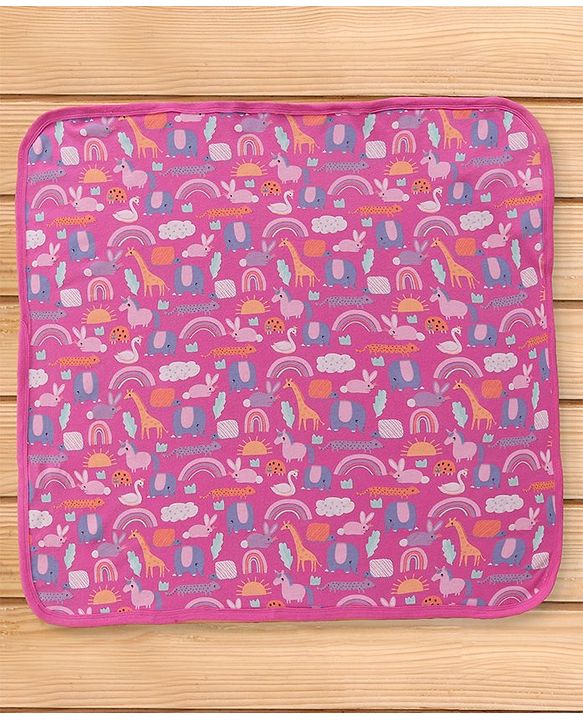 Babyhug Woven Terry Towel With Hood Animal Print L 76.2 x B 76.2 cm - Pink