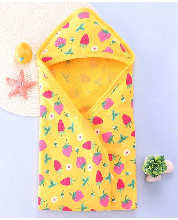 Babyhug Woven Terry Towel With Hood Strawberry Print L 76 x B 76 cm - Yellow