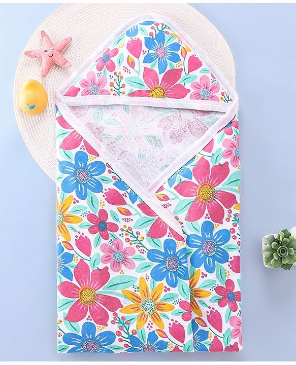 Babyhug Woven Terry Towel With Hood Floral Print L 76 x B 76 cm - Multicolour