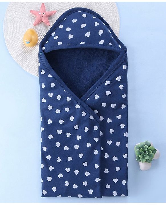 Babyhug Terry Woven Hooded Bath Towel with Heart Print L 76 X B 76 cm - Navy Blue