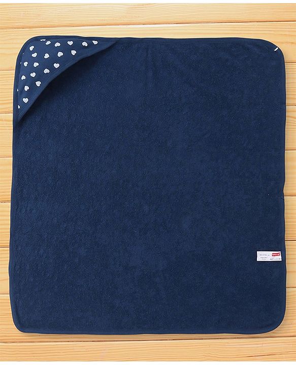 Babyhug Terry Woven Hooded Bath Towel with Heart Print L 76 X B 76 cm - Navy Blue